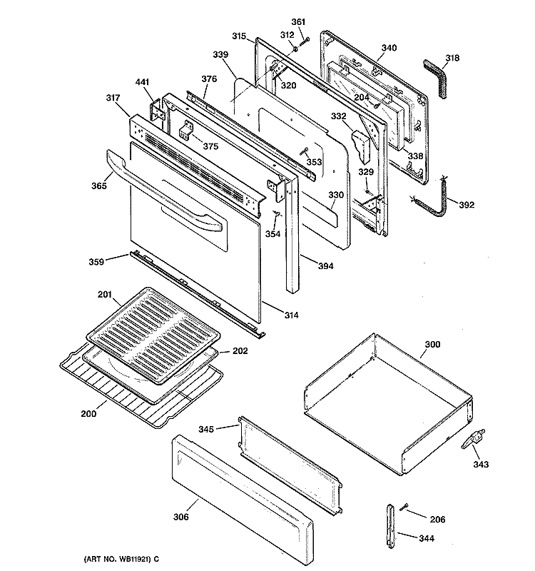 DOOR & DRAWER PARTS Diagram and Parts List for RGB745BEA4WH  Hotpoint Range