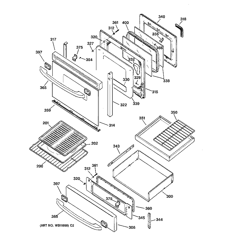 DOOR & DRAWER PARTS Diagram and Parts List for JGB910BEC2BB  General Electric Range