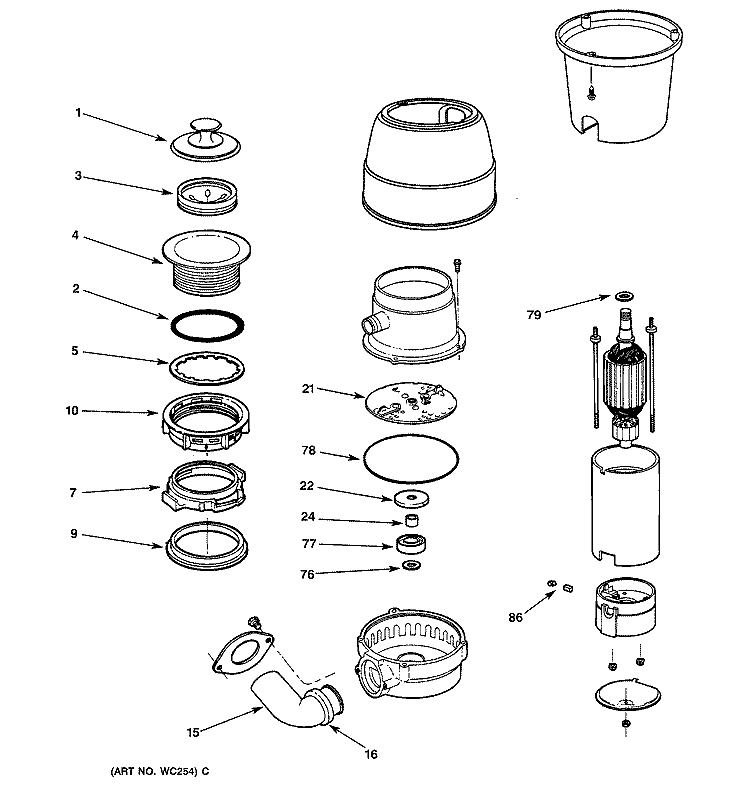 DISPOSER Diagram and Parts List for GFC530F-01  General Electric Food Waste Disposer