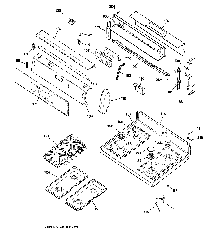 CONTROL PANEL & COOKTOP Diagram and Parts List for JGBP86BEB2BB  General Electric Range