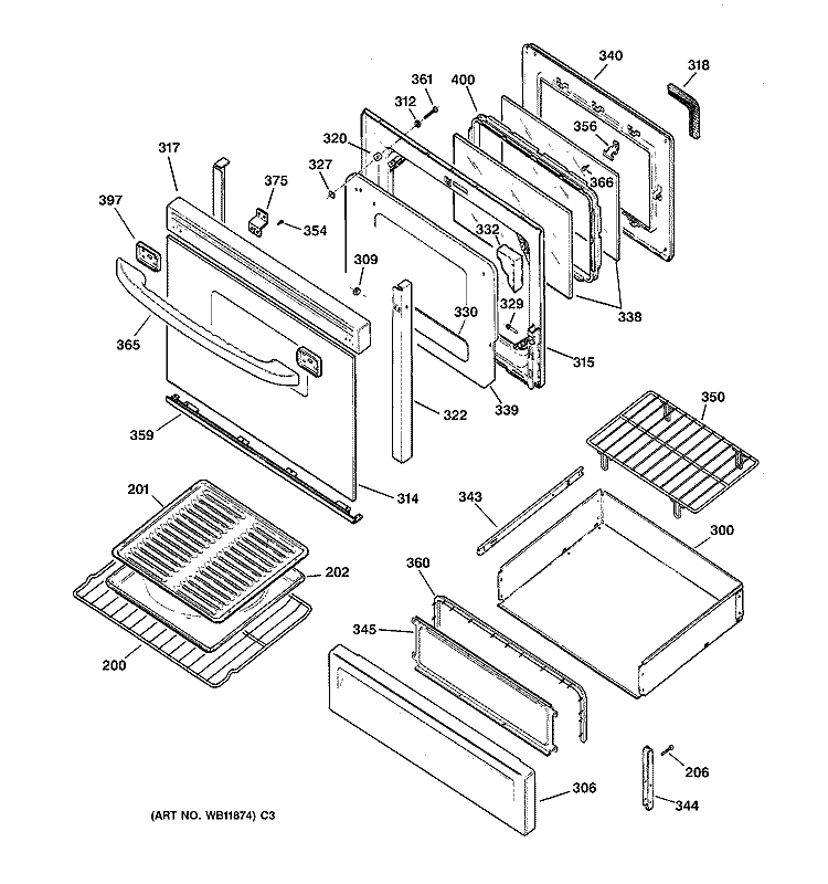 DOOR & DRAWER PARTS Diagram and Parts List for JGBP86BEB2BB  General Electric Range