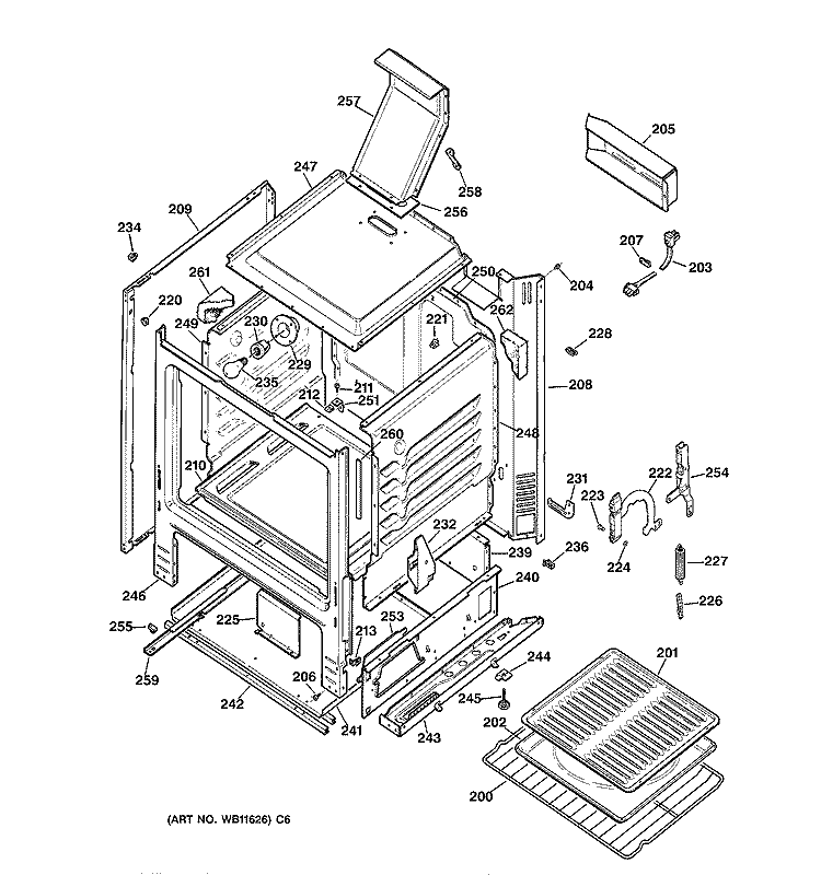 BODY PARTS Diagram and Parts List for JGBC17PEA2WH  General Electric Range