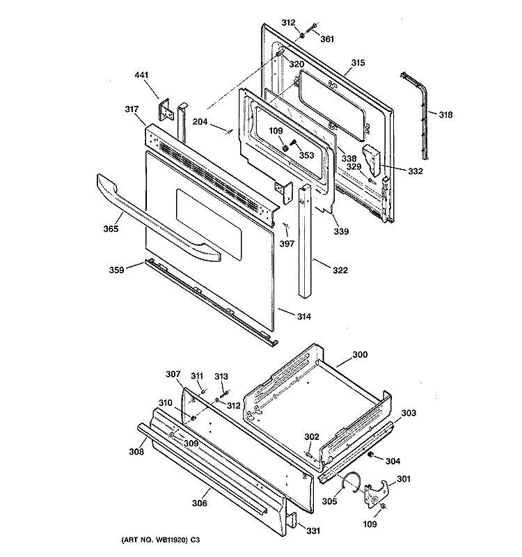 DOOR & DRAWER PARTS Diagram and Parts List for JGSS05BEA3BB  General Electric Range