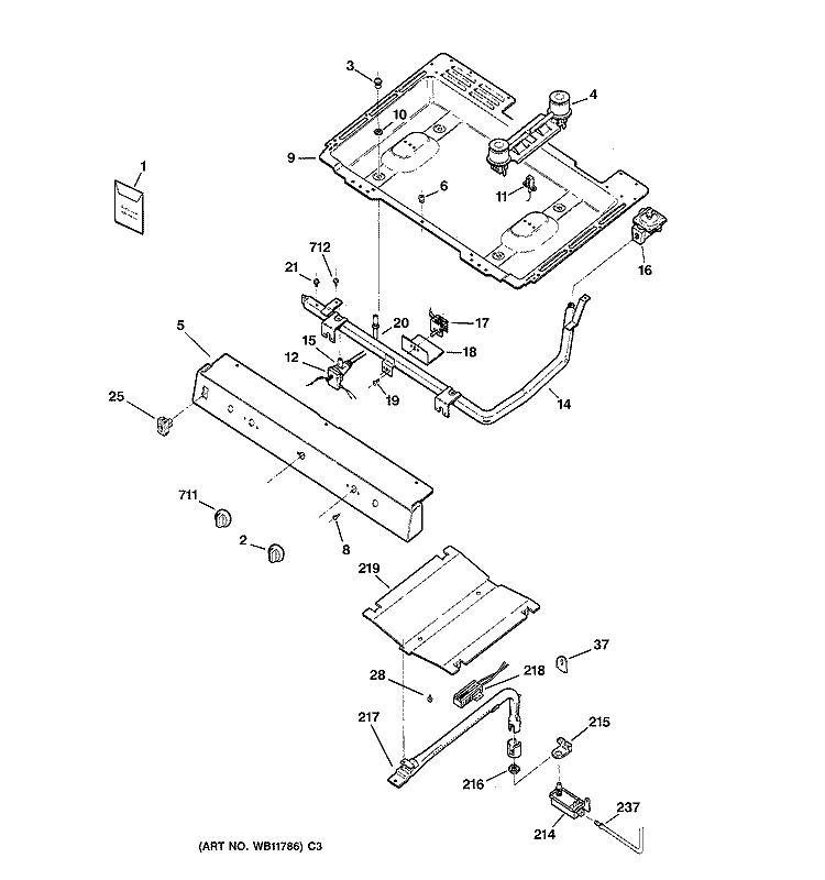 GAS & BURNER PARTS Diagram and Parts List for RGB628BEA2AD  Hotpoint Range