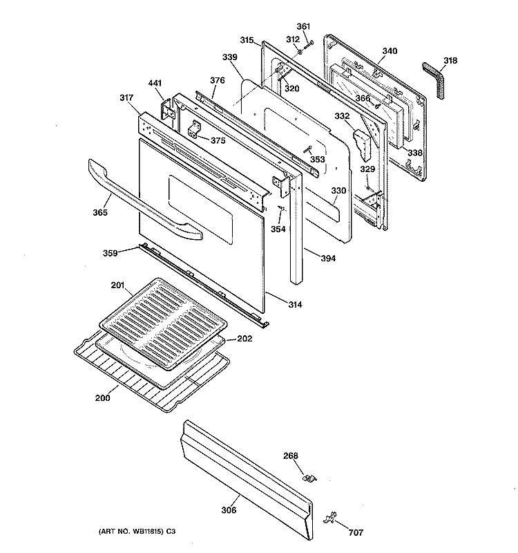 DOOR & DRAWER PARTS Diagram and Parts List for JGBP25BEC2WH  General Electric Range