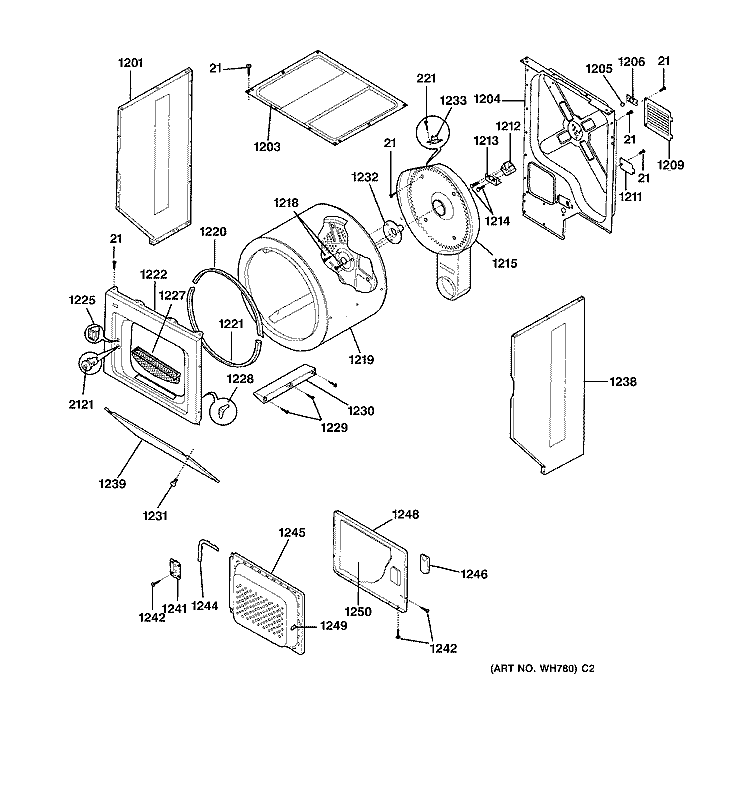 DRYER CABINET, DRUM & HEATER Diagram and Parts List for WSM2780WBWW  General Electric Washer Dryer Combo
