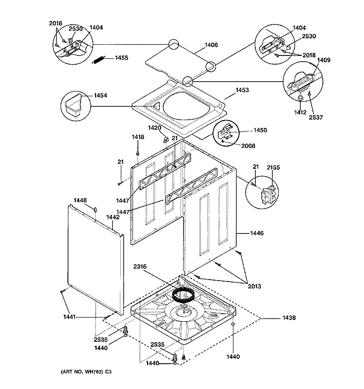 WASHER CABINET & TOP Diagram and Parts List for WSM2780WBWW  General Electric Washer Dryer Combo