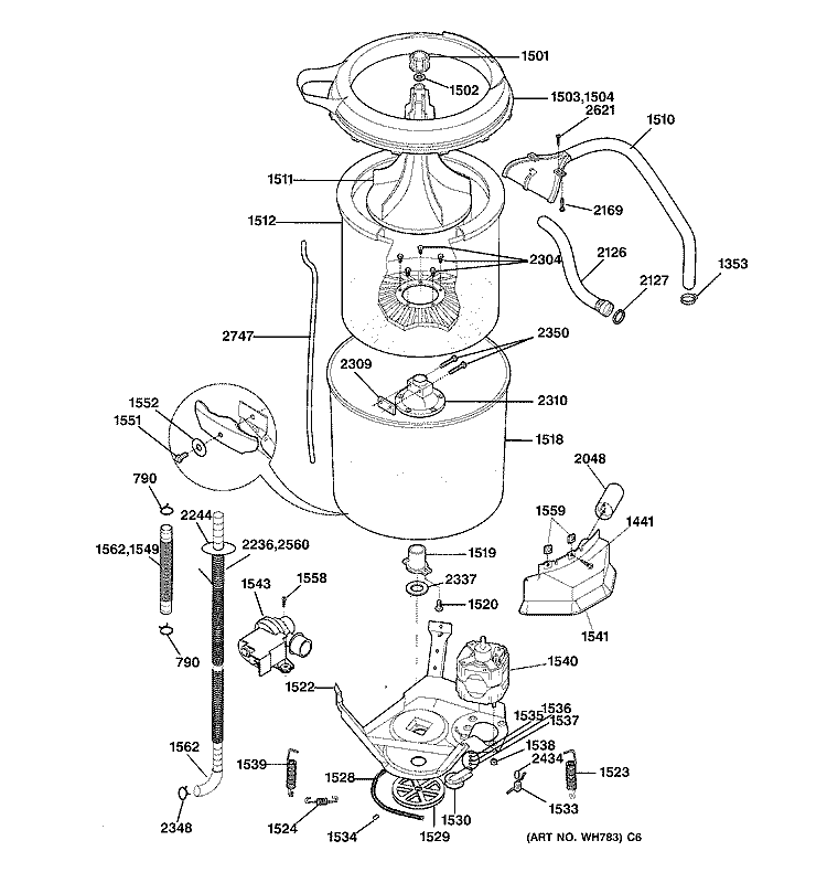 WASHER MOTOR & TUB Diagram and Parts List for WSM2780WBWW  General Electric Washer Dryer Combo