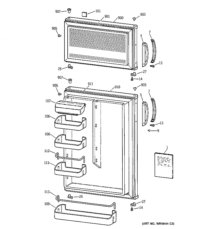 DOORS Diagram and Parts List for TDX9SNYDRWH  General Electric Refrigerator