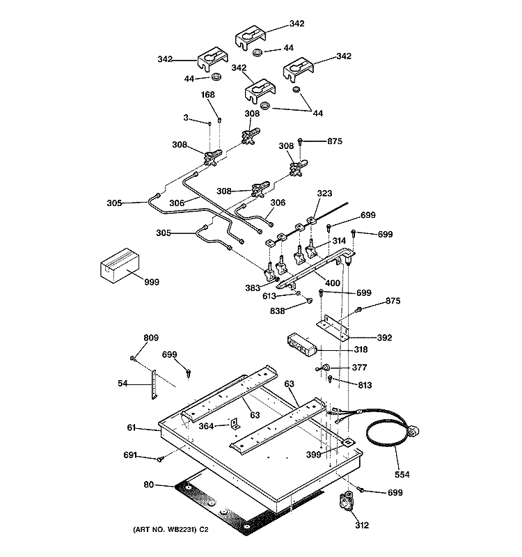 BURNER PARTS Diagram and Parts List for JGP932CEC1CC  General Electric Cooktop