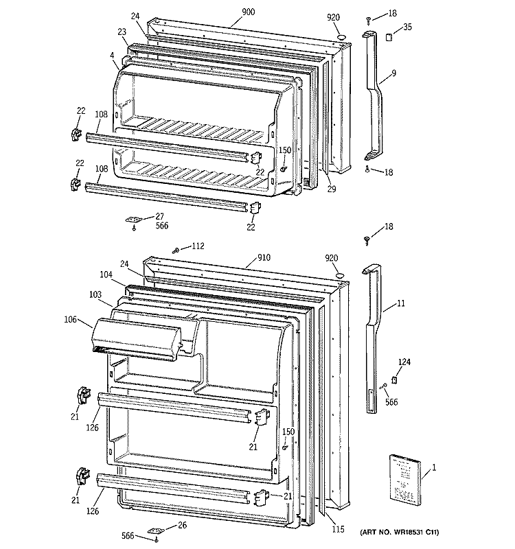 DOORS Diagram and Parts List for HTS17BBMBRCC  Hotpoint Refrigerator