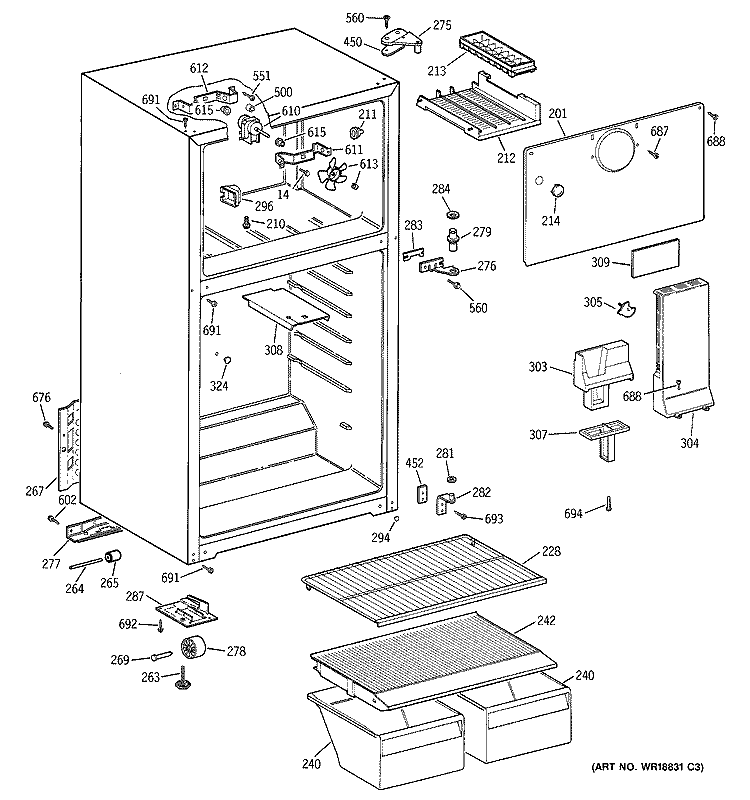 CABINET Diagram and Parts List for HTF15BBMBRWW  Hotpoint Refrigerator