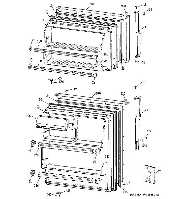 DOORS Diagram and Parts List for HTS16BBMBRWW  Hotpoint Refrigerator