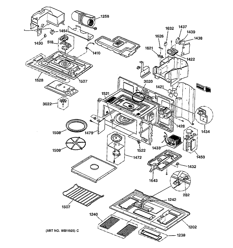 UNIT PARTS & BASE Diagram and Parts List for JVM1490BD03  General Electric Microwave