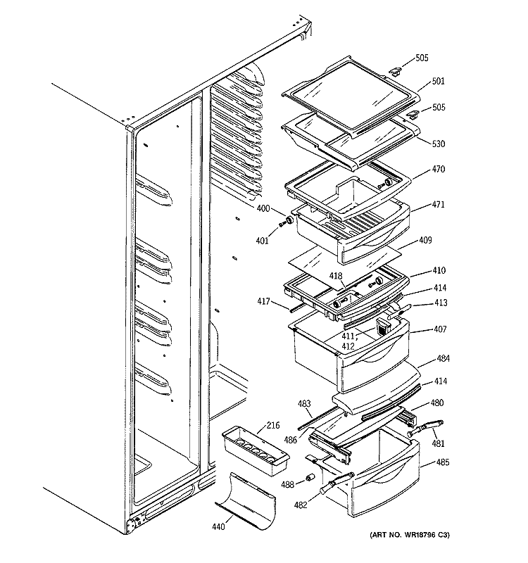 FRESH FOOD SHELVES Diagram and Parts List for PSS27MGMAWW  General Electric Refrigerator