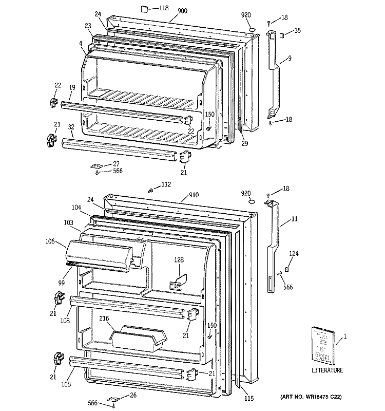 DOORS Diagram and Parts List for GTG16HBMCRWW  General Electric Refrigerator