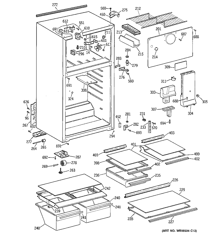 CABINET Diagram and Parts List for GTG16HBMCRWW  General Electric Refrigerator