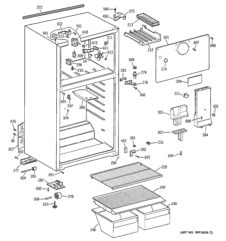 CABINET Diagram and Parts List for GTG15BBMCRWW  General Electric Refrigerator