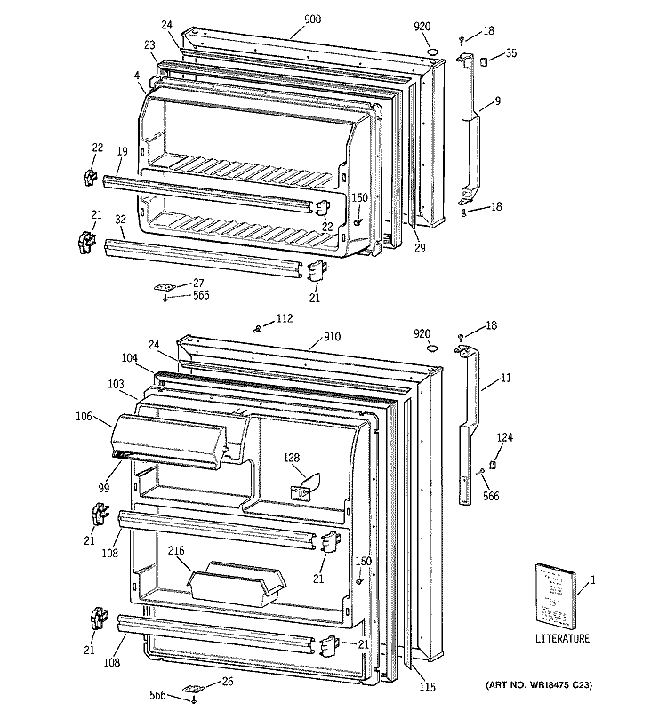 DOORS Diagram and Parts List for GTG15FBMCRWW  General Electric Refrigerator