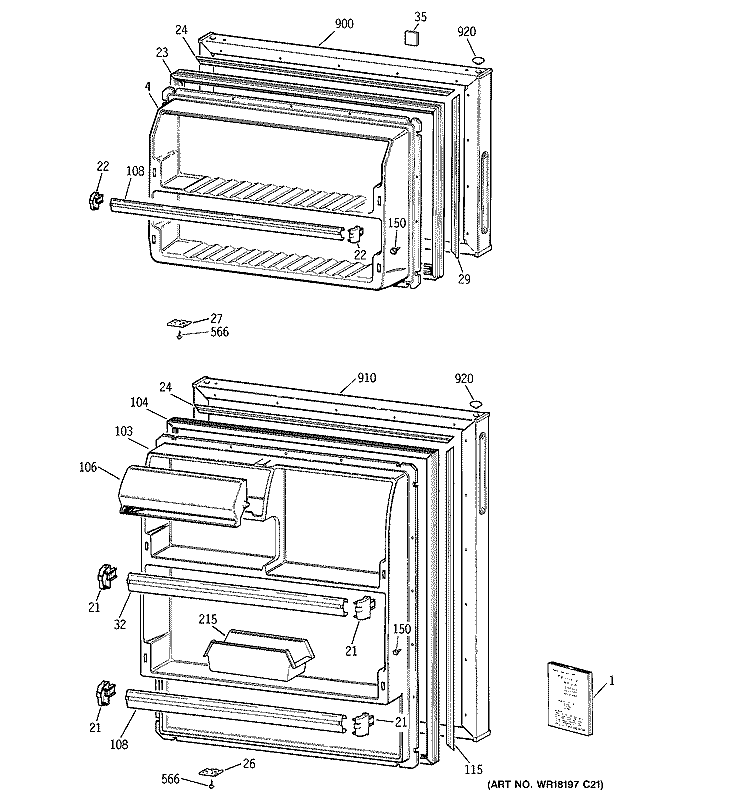 DOORS Diagram and Parts List for GTR18BBMBRWW  General Electric Refrigerator