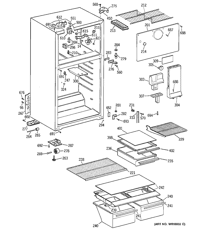 CABINET Diagram and Parts List for GTS18FBMBRWW  General Electric Refrigerator