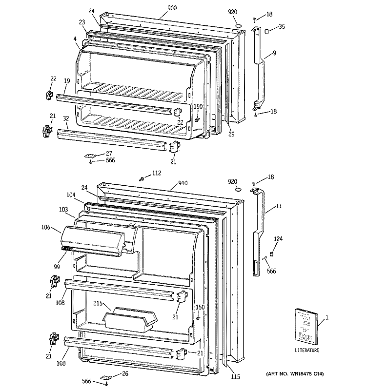 DOORS Diagram and Parts List for GTG16FBMCRWW  General Electric Refrigerator