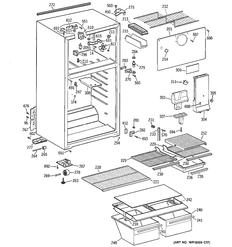 CABINET Diagram and Parts List for GTG16FBMCRWW  General Electric Refrigerator