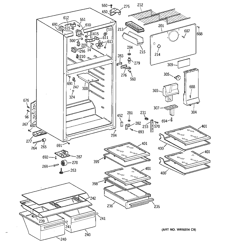 CABINET Diagram and Parts List for GTS16KBMBRWW  General Electric Refrigerator