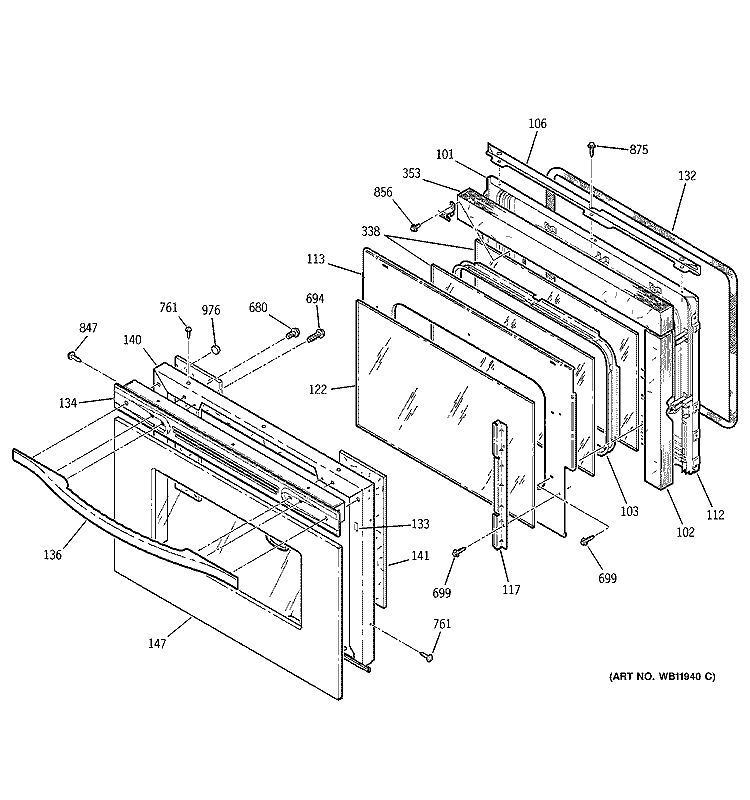 DOOR Diagram and Parts List for JTP47SC2SS  General Electric Wall Oven