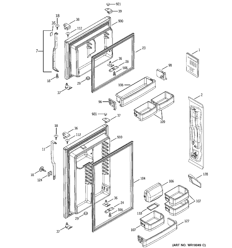 DOORS Diagram and Parts List for GTS18WCMARWW  General Electric Refrigerator