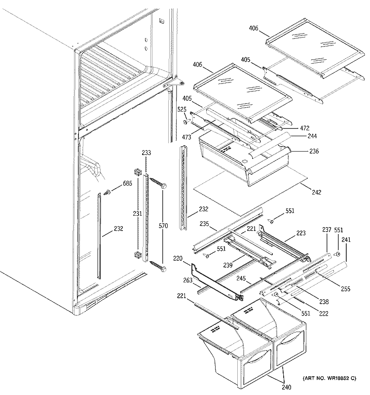 FRESH FOOD SHELVES Diagram and Parts List for GTS18WCMARWW  General Electric Refrigerator
