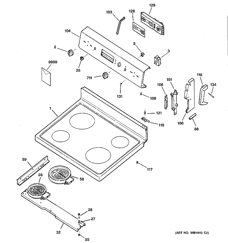 CONTROLS & COOKTOP Diagram and Parts List for JBP61BD1WH  General Electric Range