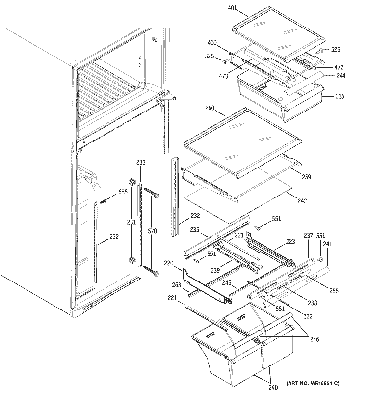 FRESH FOOD SHELVES Diagram and Parts List for GTS18YBMARWW  General Electric Refrigerator