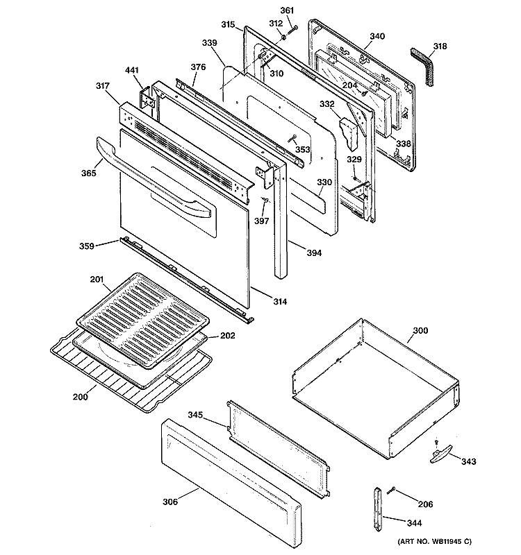DOOR & DRAWER PARTS Diagram and Parts List for RGB745WEA5WW  Hotpoint Range