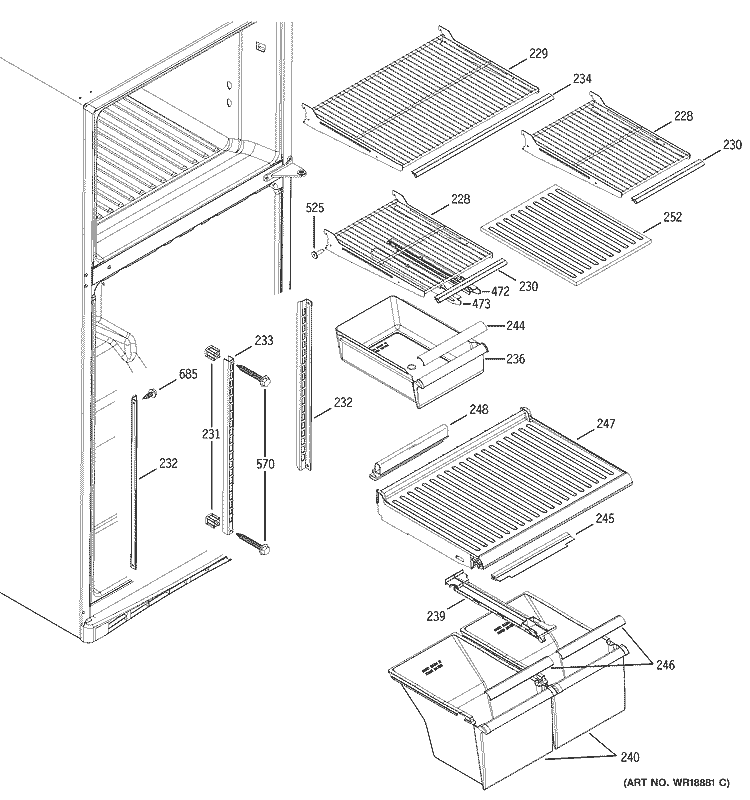 FRESH FOOD SHELVES Diagram and Parts List for GTS18DBMARCC  General Electric Refrigerator
