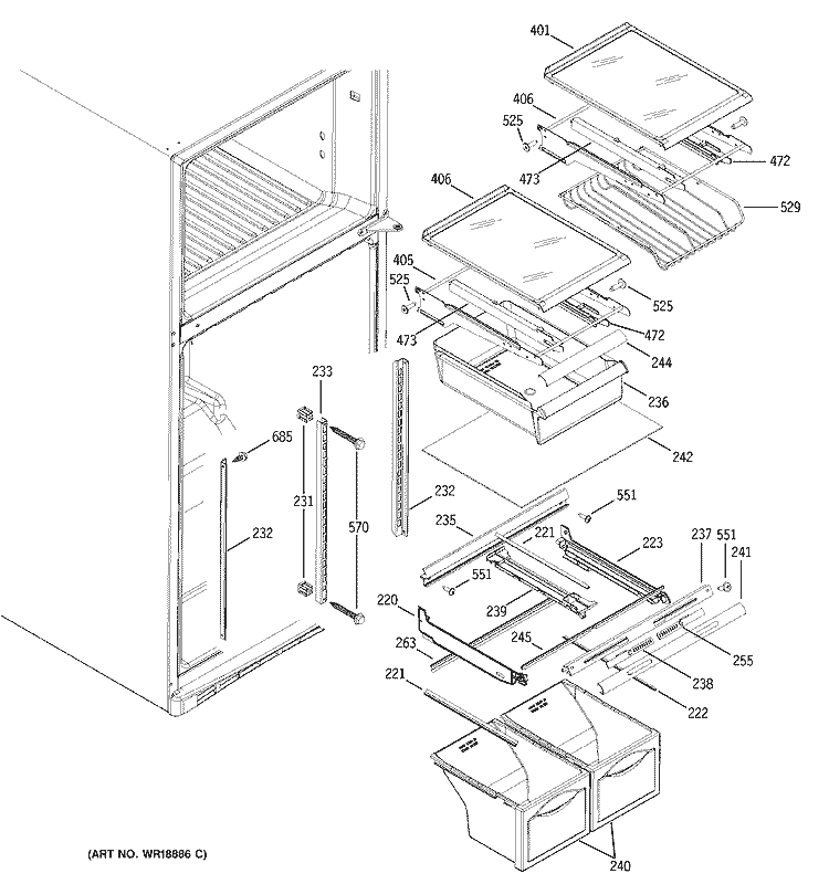 FRESH FOOD SHELVES Diagram and Parts List for ETS19XBMARBB  General Electric Refrigerator