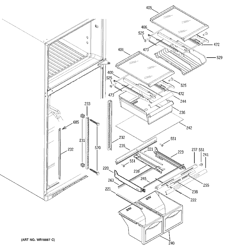 FRESH FOOD SHELVES Diagram and Parts List for GTS19QBMARBB  General Electric Refrigerator