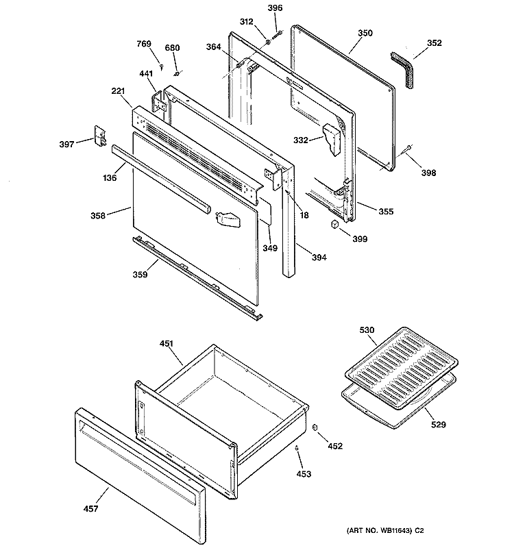 DOOR & DRAWER PARTS Diagram and Parts List for JBP24GV1  General Electric Range