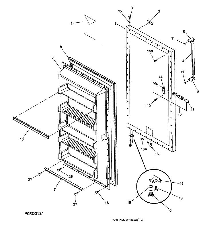 DOOR Diagram and Parts List for FUM17DMARWH  General Electric Freezer