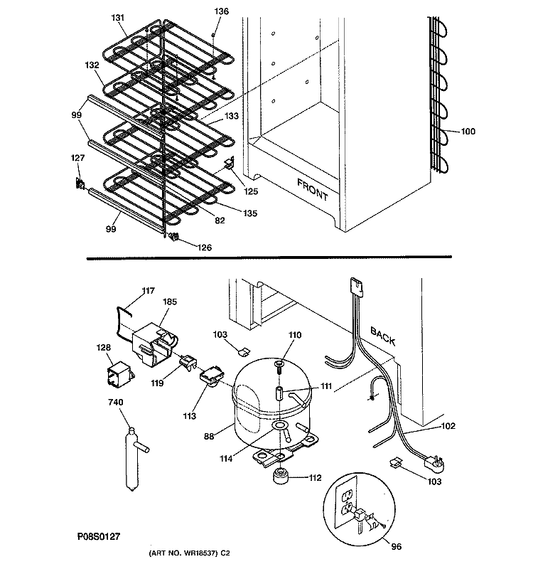 SYSTEM Diagram and Parts List for FUM17DMARWH  General Electric Freezer