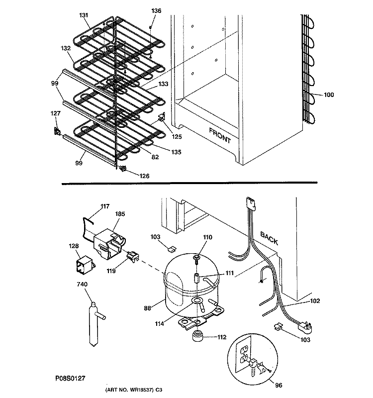 SYSTEM Diagram and Parts List for FUM17SMARWH  General Electric Freezer