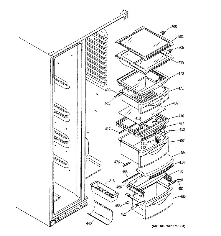 FRESH FOOD SHELVES Diagram and Parts List for PSS25MCMAWW  General Electric Refrigerator