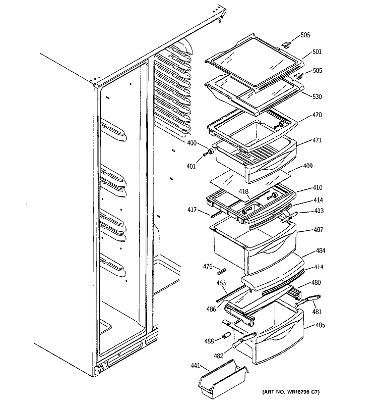 FRESH FOOD SHELVES Diagram and Parts List for GSS25RGMBCC  General Electric Refrigerator