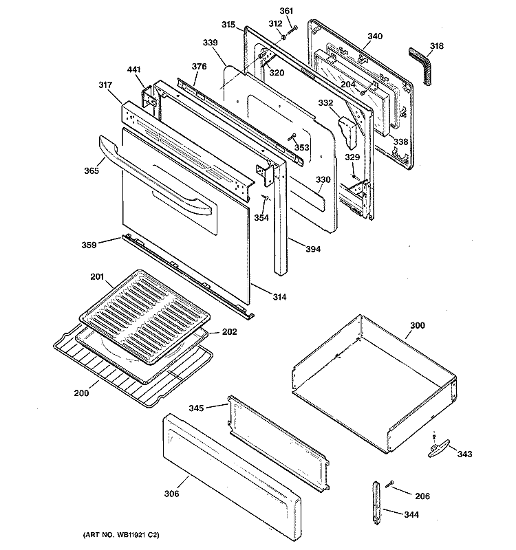 DOOR & DRAWER PARTS Diagram and Parts List for JGBP28TED1WW  General Electric Range