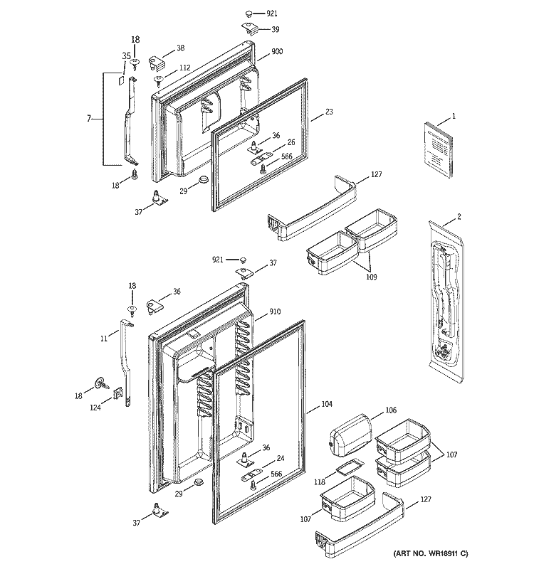 DOORS Diagram and Parts List for GTS19ZBMARWW  General Electric Refrigerator