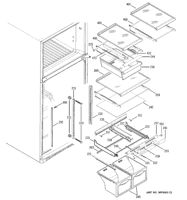 FRESH FOOD SHELVES Diagram and Parts List for GTS19ZBMARWW  General Electric Refrigerator