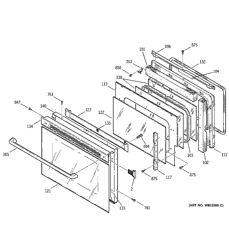 DOOR Diagram and Parts List for ZET757WA4WW  General Electric Wall Oven