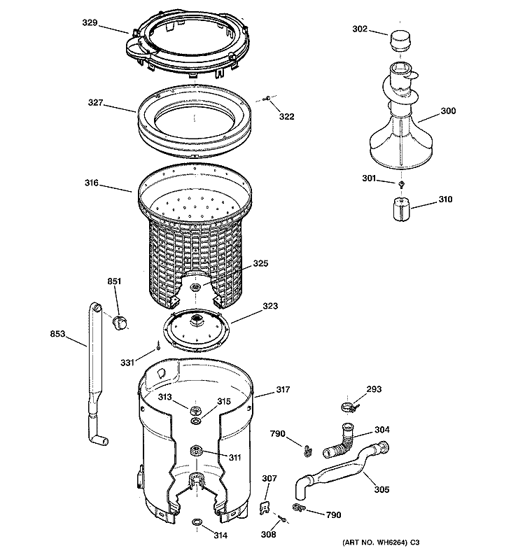 TUB, BASKET & AGITATOR Diagram and Parts List for WBSE3120B0CC  General Electric Washer