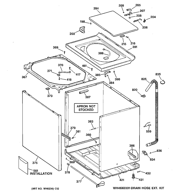 CABINET, COVER & FRONT PANEL Diagram and Parts List for EWA3000B0WW  General Electric Washer