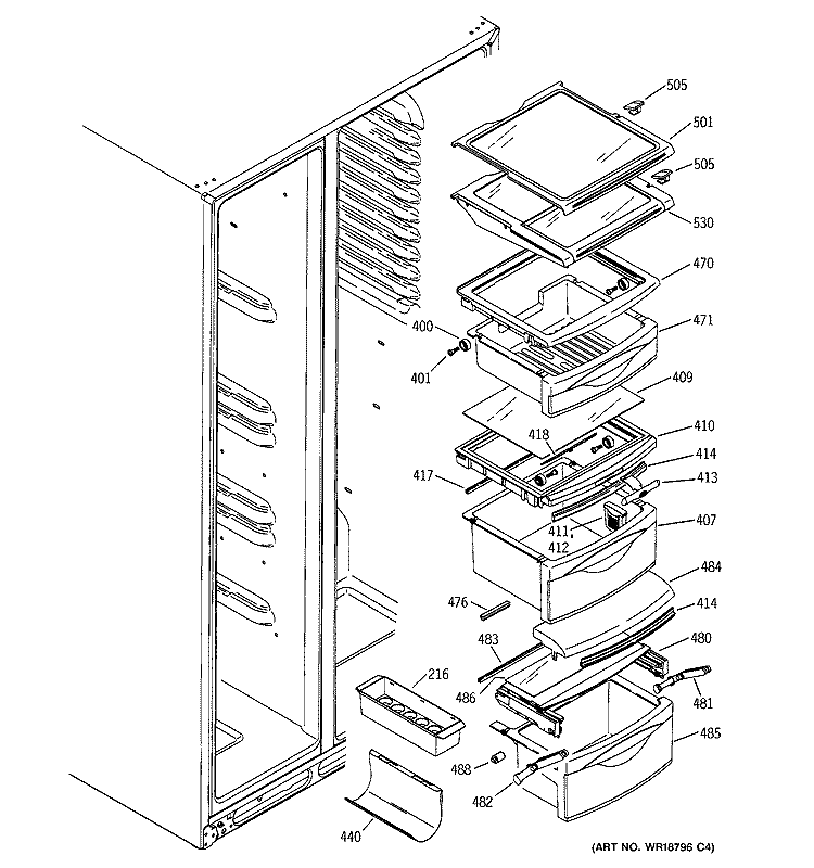 FRESH FOOD SHELVES Diagram and Parts List for PSI23MCLACC  General Electric Refrigerator